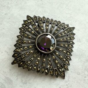 Vintage Marcasite & Amethyst Sterling Silver Brooch